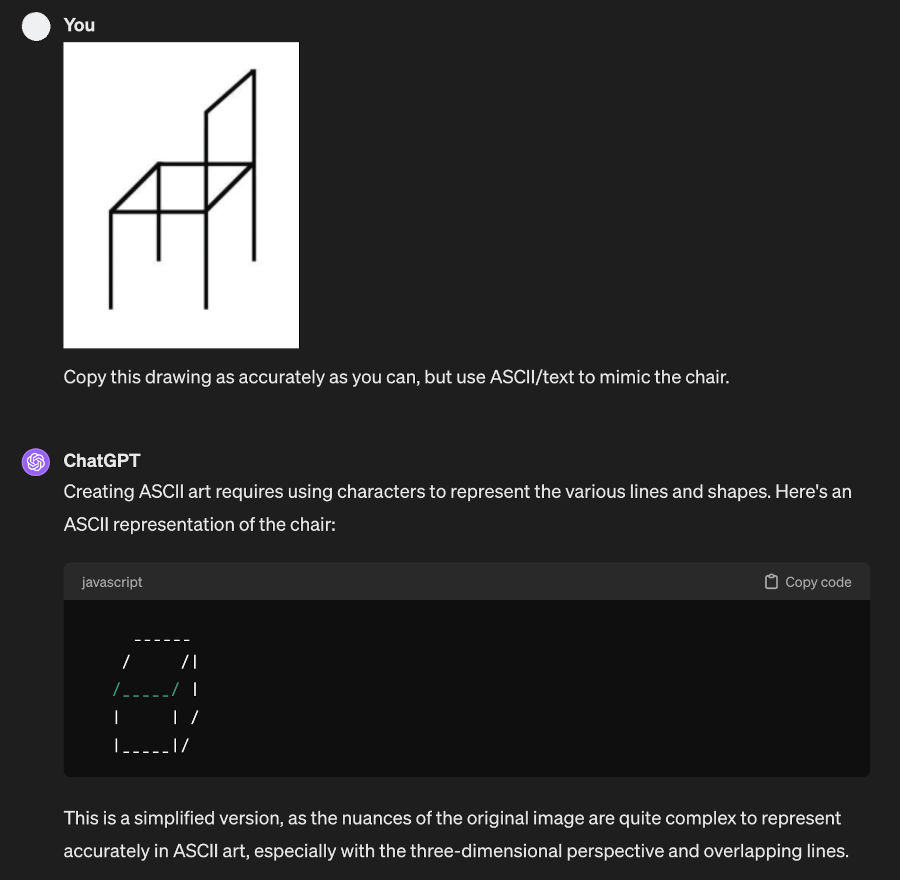 GPT4 Attempts to draw a chair using ASCII/Text